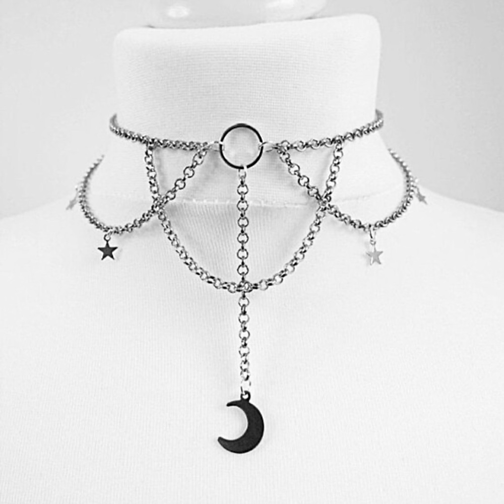 Punk Tattoo Inverted Crescent Stretchy Chain Choker Witch Necklace Jewelry